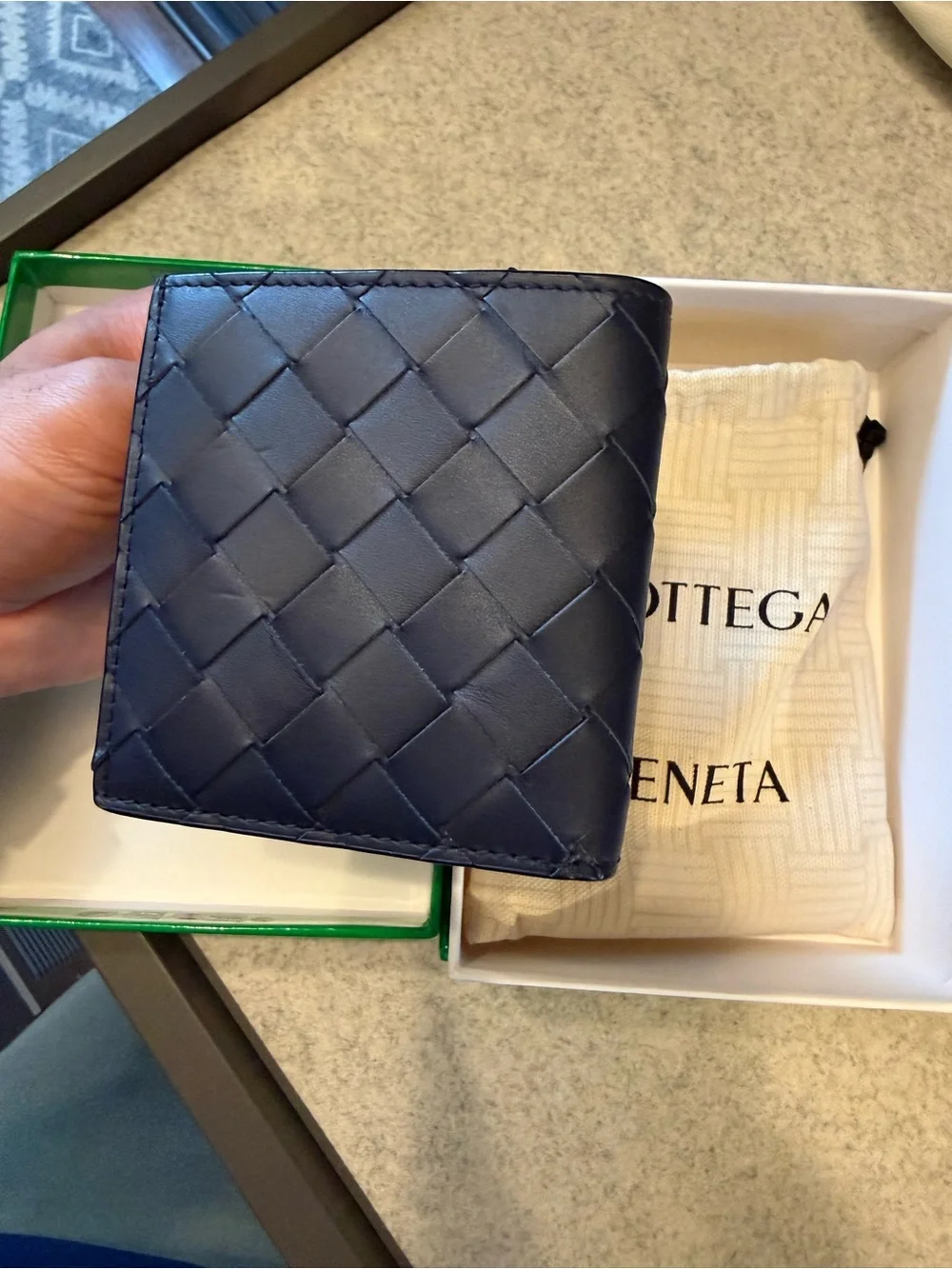 Bottega Veneta Navy Intrecciato Leather Bi-Fold Card Wallet
